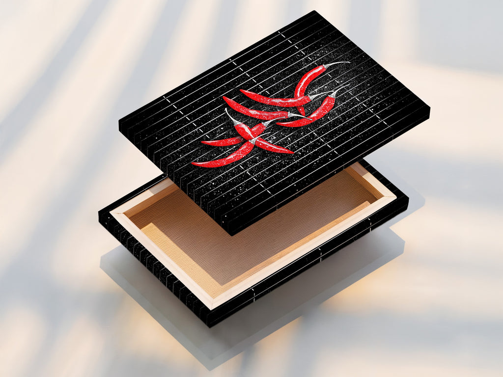 Stretched canvas print of chili pepper artwork. This modern kitchen wall art is a great option for dining room decor. Explore our selection of red chili prints and spicy food art.