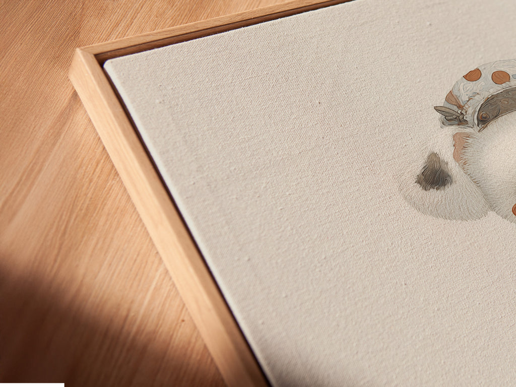 A close-up of a canvas print in a floating frame. The artwork features a cute panda. This kawaii animal wall art is perfect for nurseries. The floating frame enhances the artwork. It provides a modern touch to your baby room decor.