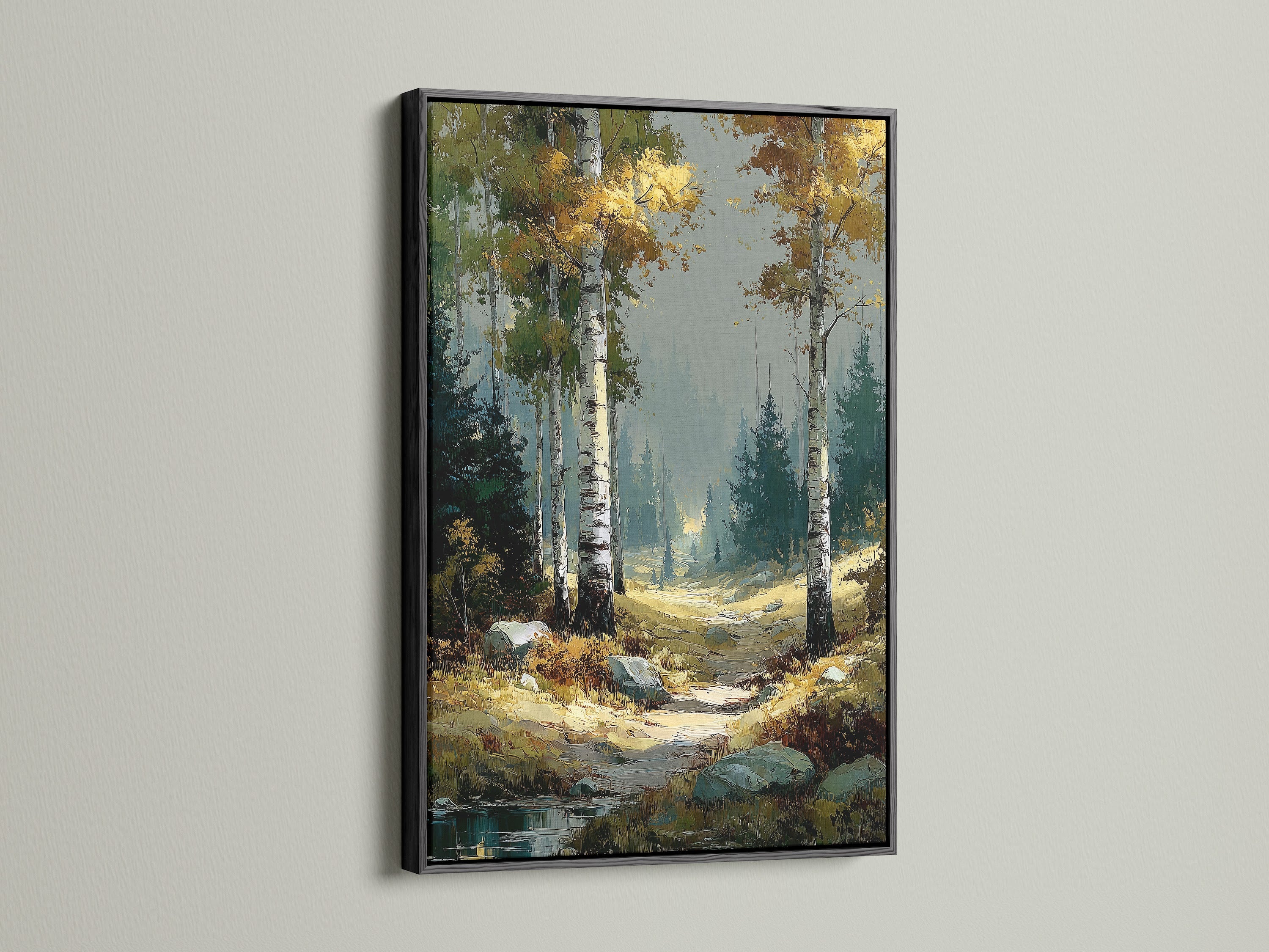 Birch Forest landscape artwork with a black frame. The forest painting adds sophistication to any wall. This nature canvas print brings the outdoors inside. Enjoy the rustic charm of this autumn wall art. Perfect as living room wall art or for cabin decor. It highlights the fall colors.
