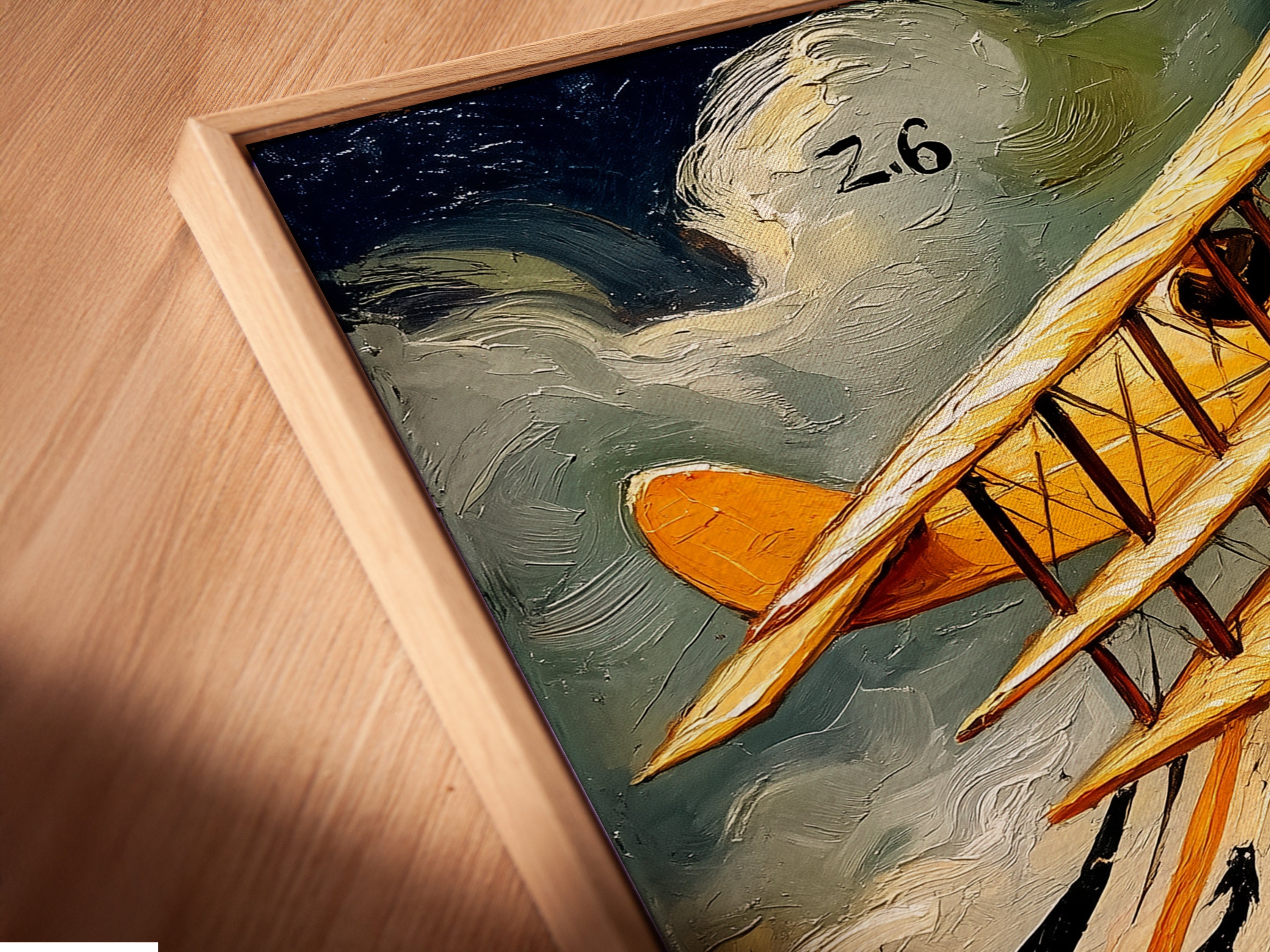 A close-up of a canvas print of a vintage airplane in a floating frame. The floating frame gives the artwork a modern and elegant look. Perfect for displaying this retro aviation scene. The artwork is a conversation starter. It enhances the vintage feel of this biplane print.