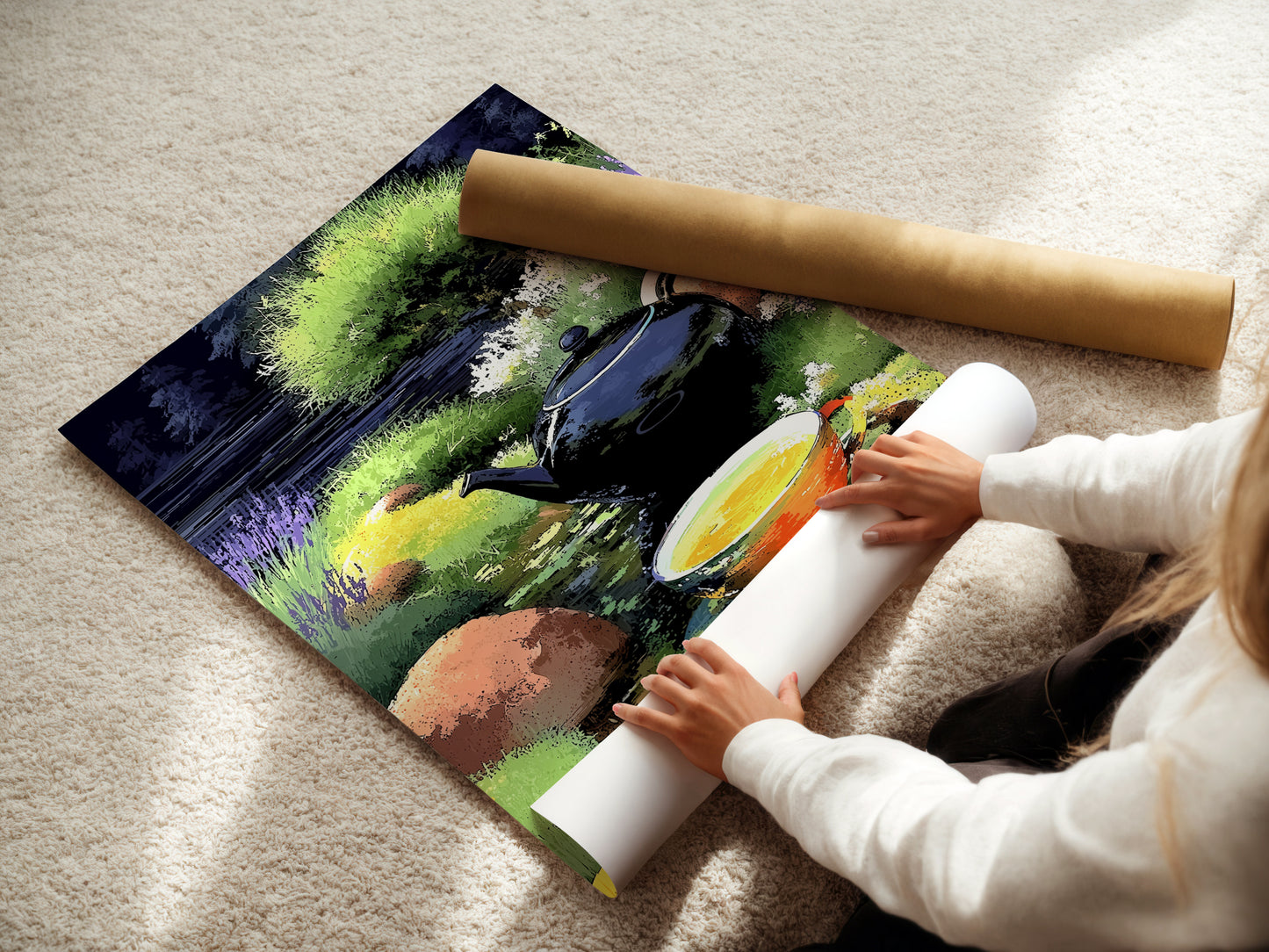 A woman carefully rolls a fine art poster paper of the Tea Time Canvas Print. This botanical artwork is perfect for creating custom wall decor. The garden scene and tea kettle art bring a calming touch to any space. Ideal for tea rooms and bistros seeking unique art pieces.