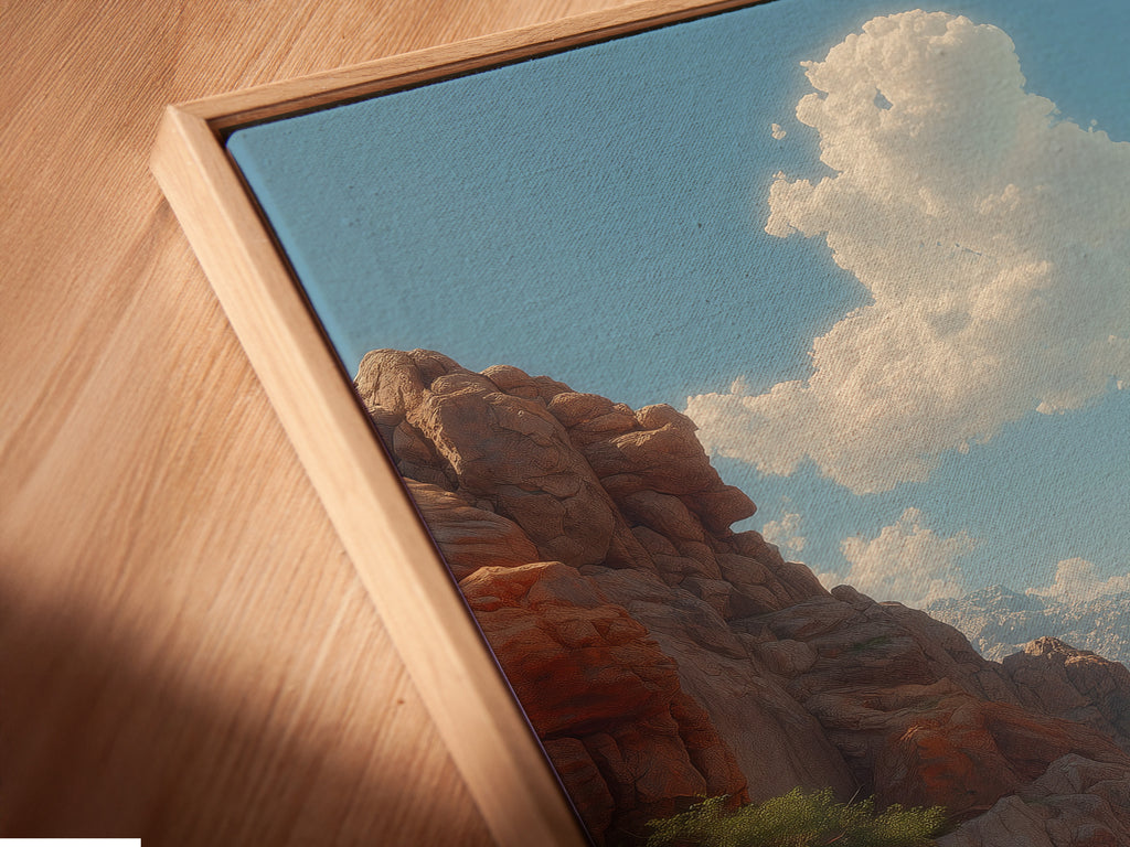 A close-up angled view of a canvas print in a floating frame. The floating frame enhances the artwork. The canvas appears to float within the frame. This frame gives a modern gallery look. See the texture and detail up close. Order yours today