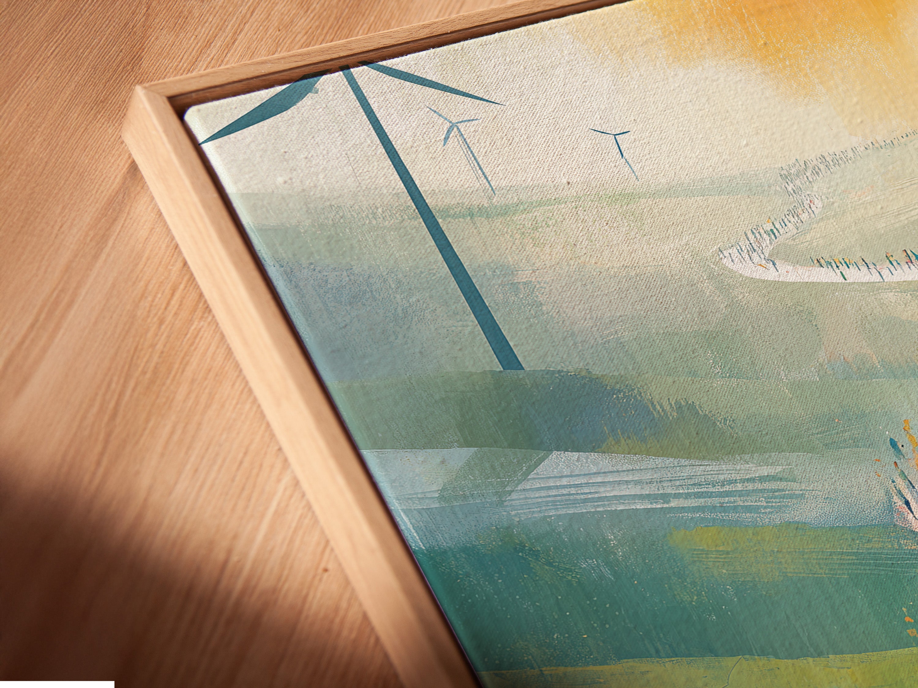 Wind Farm Migration Art - Modern Landscape Print, People Walking Path Through Rolling Hills, Green Energy Wall Art, Contemporary