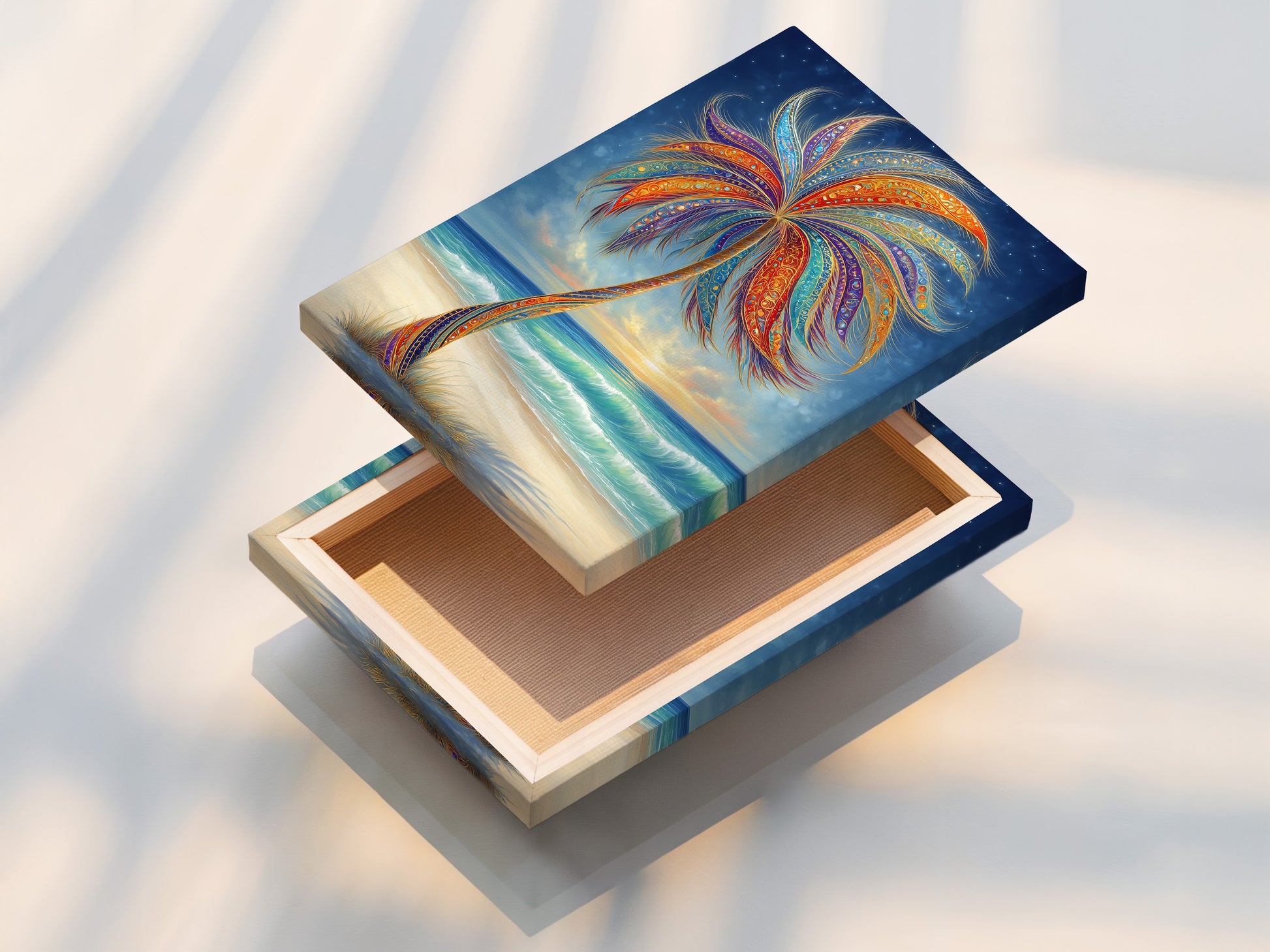 A stretched canvas print showcasing a tropical palm tree artwork. The canvas is stretched perfectly. The artwork is ready to hang and enjoy. Add a touch of bohemian beach style to your home. The colors are vibrant.
