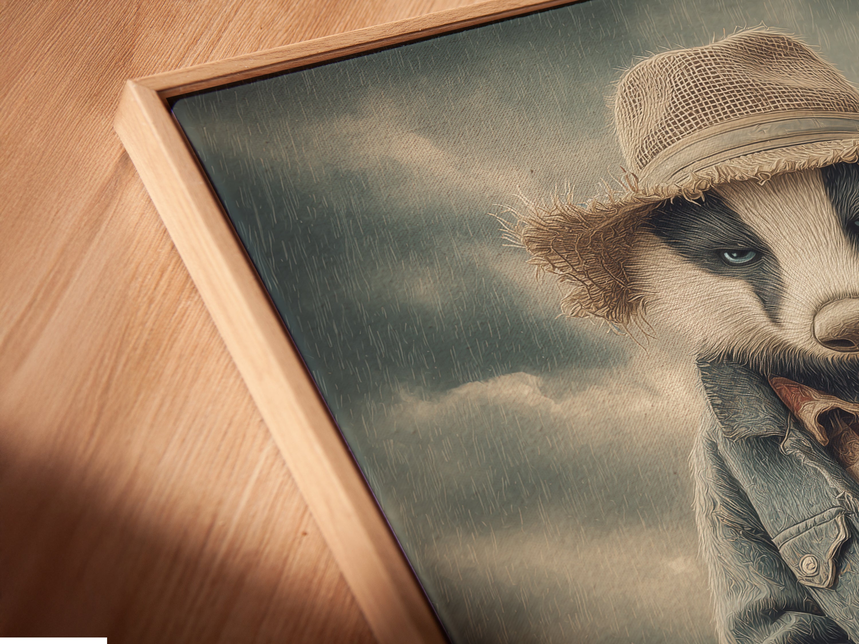 A close-up angled view shows the Badger Cowboy canvas print. It is set in a floating frame. This enhances the artwork's visual appeal. The western animal portrait adds a touch of vintage charm. This piece is perfect for a farmhouse-style kids room. Elevate your nursery wall decor with this unique print.