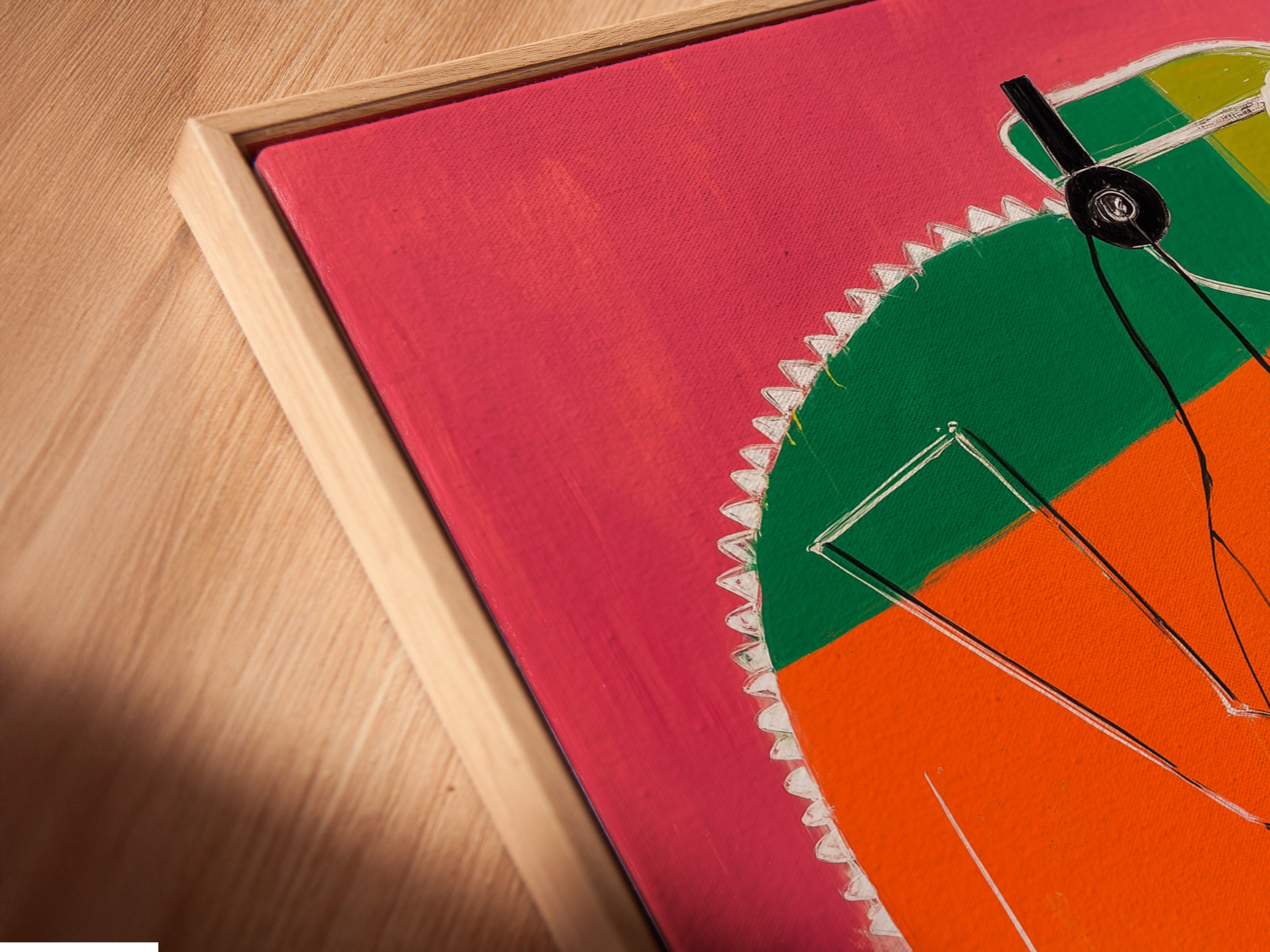 A close-up angled view of the DJ Chameleon canvas print in a floating frame. The colorful animal wall art pops. It's a trendy piece for studio decor. This music-themed art adds personality.