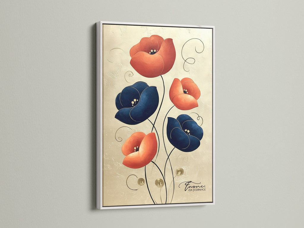 Floral canvas art print with a white frame. Navy blue and coral flower artwork for modern spaces. The white frame provides a clean and contemporary look. Elevate your office decor with this botanical print.