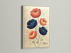 Floral canvas art print with a white frame. Navy blue and coral flower artwork for modern spaces. The white frame provides a clean and contemporary look. Elevate your office decor with this botanical print.