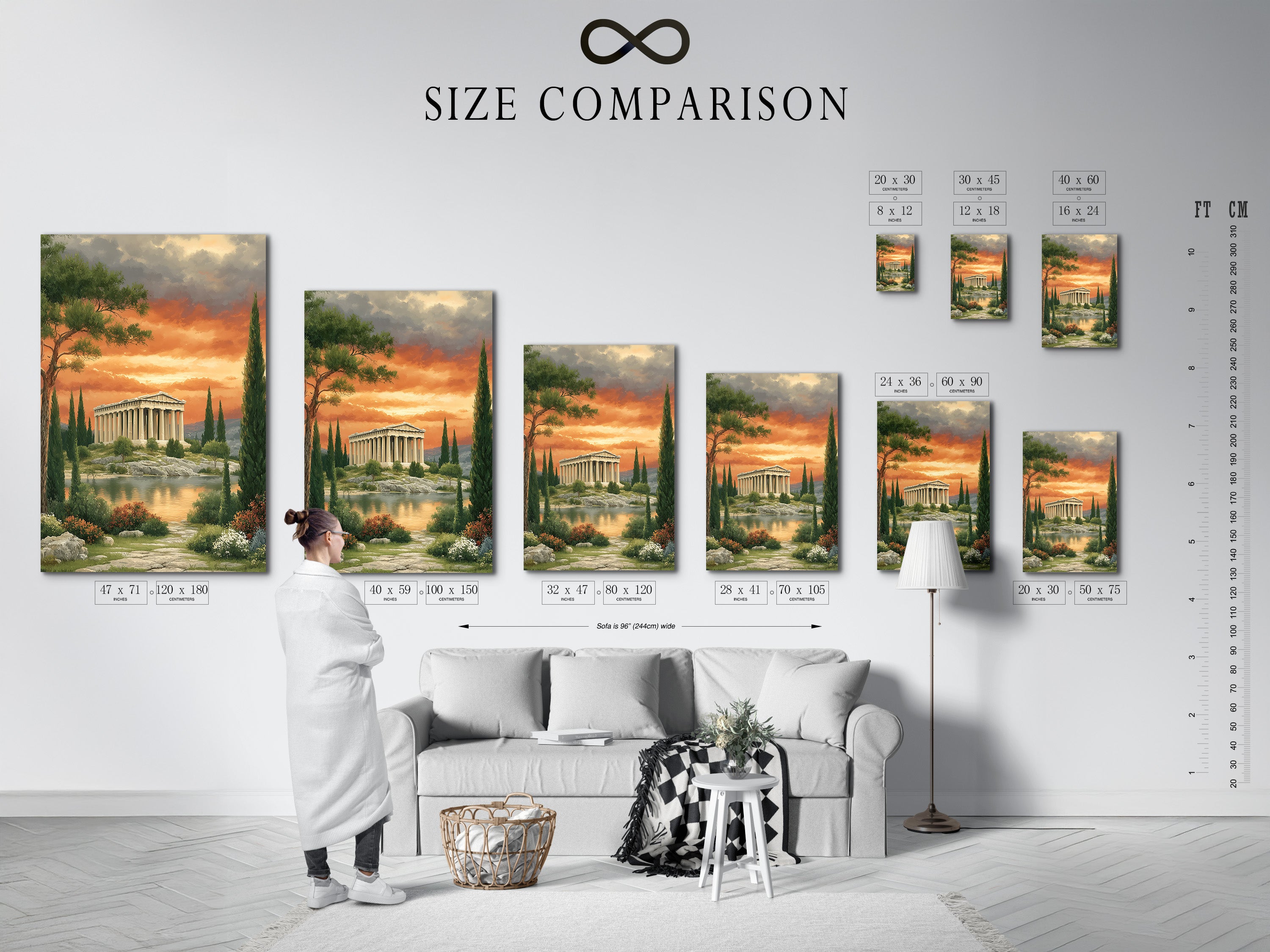 A size comparison chart of the Greek Temple artwork in an interior setting. See how this classical piece fits in various spaces. The Parthenon print is ideal for minimalist and eclectic styles. Visualize the perfect size for your home or office. This artwork enhances any room.