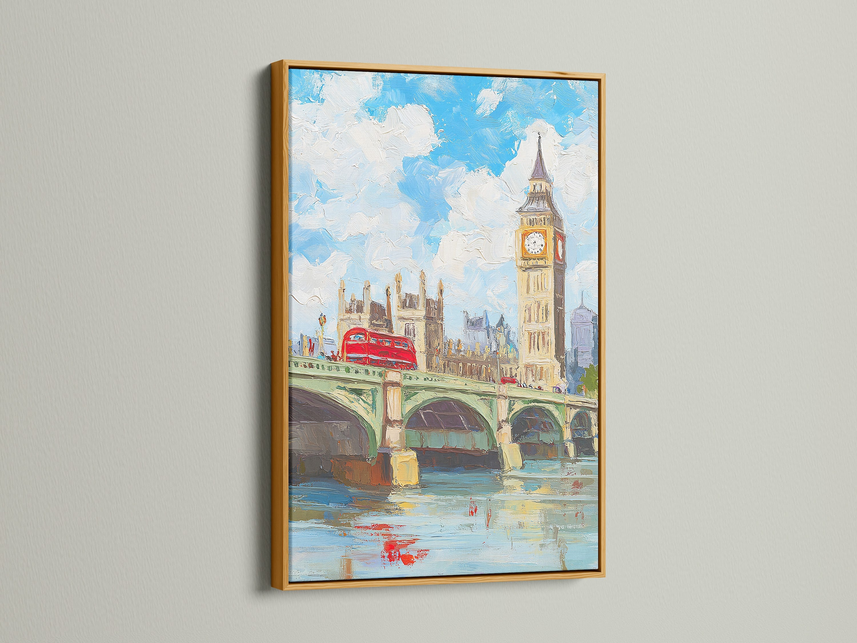 London Big Ben artwork in a gold frame. This British cityscape artwork features Westminster Bridge. The gold frame adds elegance. It is perfect for living rooms studies and entryways. Consider this British scene.