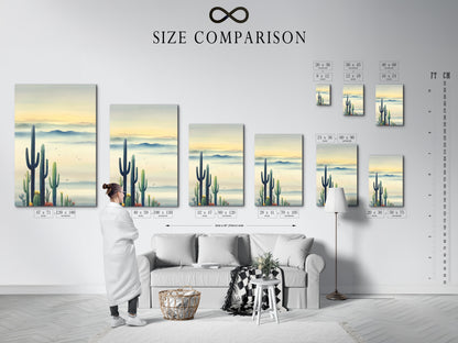 A size comparison chart is displayed in an interior setting. This chart helps visualize the artwork's scale in a room. It assists in choosing the perfect size for your space. See how different sizes of cactus artwork fit on the wall. It's a useful tool for apartment dwellers and business owners alike. Plan your wall decor with confidence.