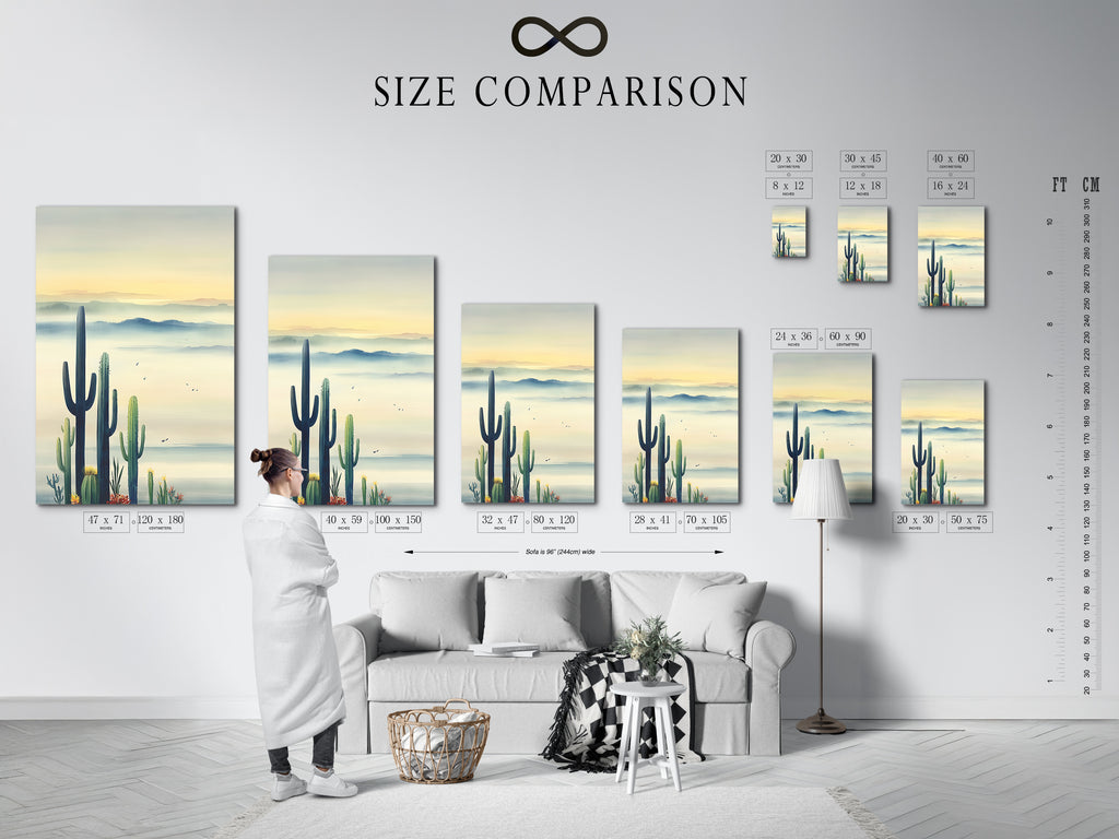 Size comparison chart for cactus art. This desert canvas comes in various sizes. Find the perfect southwest decor for your space. The blue haze art fits any wall. Visualize the ideal size for your home.