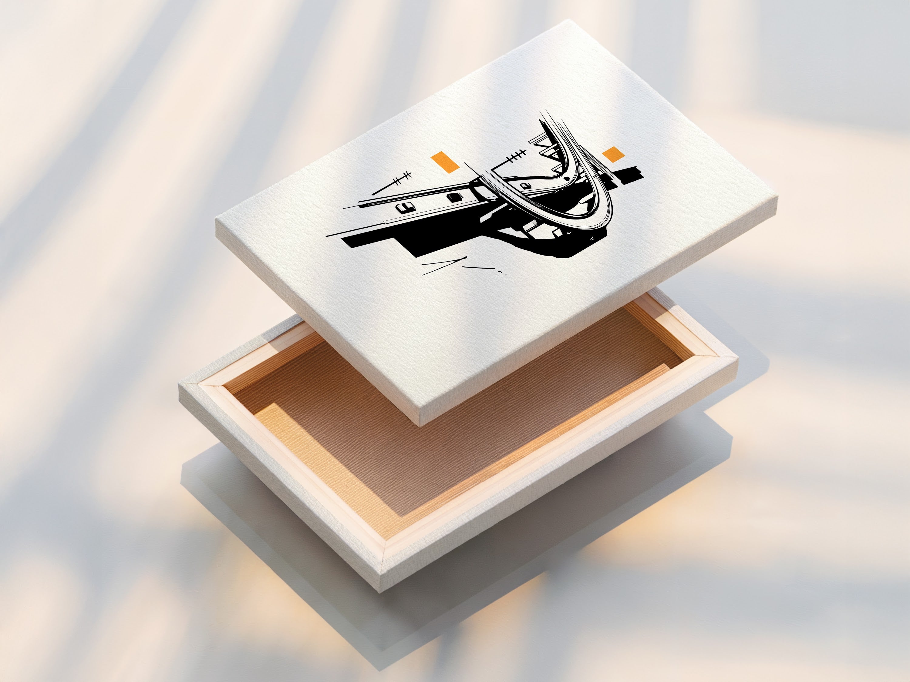 This is a stretched canvas print of the Highway Overpass artwork. This urban minimalist wall art enhances modern spaces. The cityscape print features a black and white geometric design. Ideal for office decor and contemporary interiors. Add a touch of sophistication with this artwork.