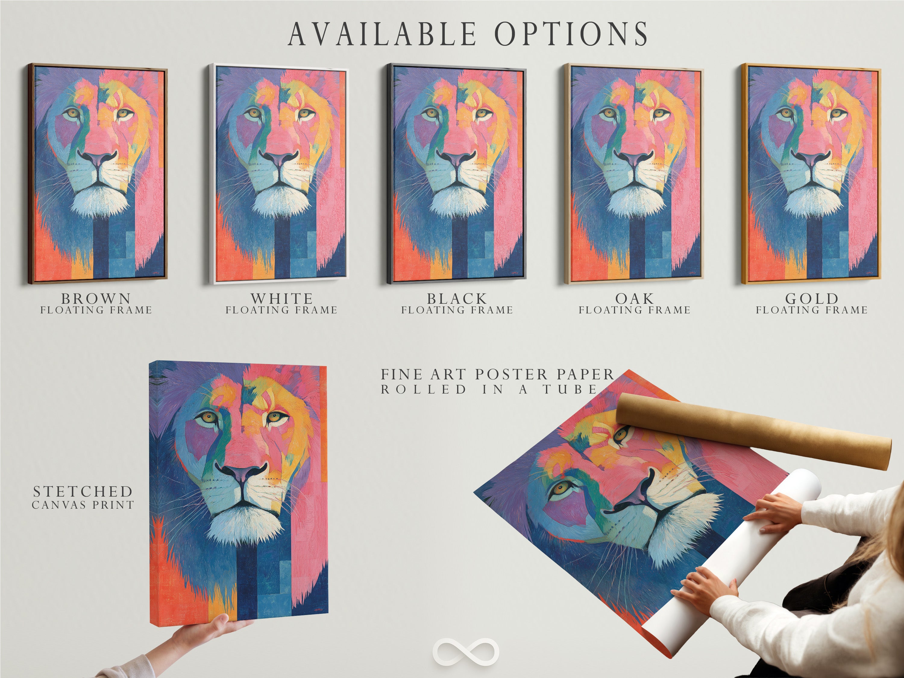A range of available options are displayed. These include a stretched canvas print fine art poster paper. Also a floating frame is shown. Pick your preferred style to suit your taste. Transform your artwork today.