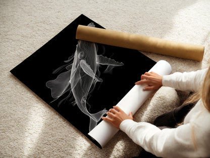 A woman carefully rolls a fine art poster paper featuring a black and white whale. The minimalist whale artwork is ready for framing. This ocean art print offers refined nautical wall decor. Perfect for homeowners and renters. Add sophisticated marine life art to your space.