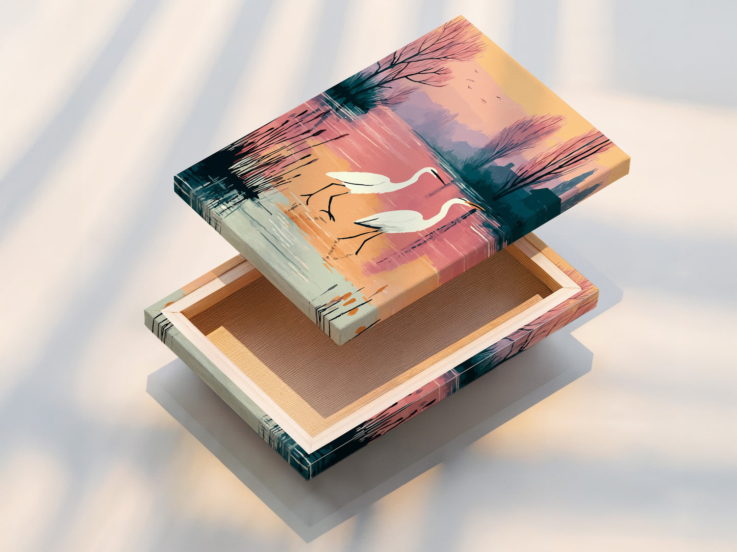 The stretched canvas print showcases the heron artwork beautifully. The bird canvas is ready to hang and enjoy. This serene artwork is perfect for minimalist spaces. The nature prints enhance any home or office.