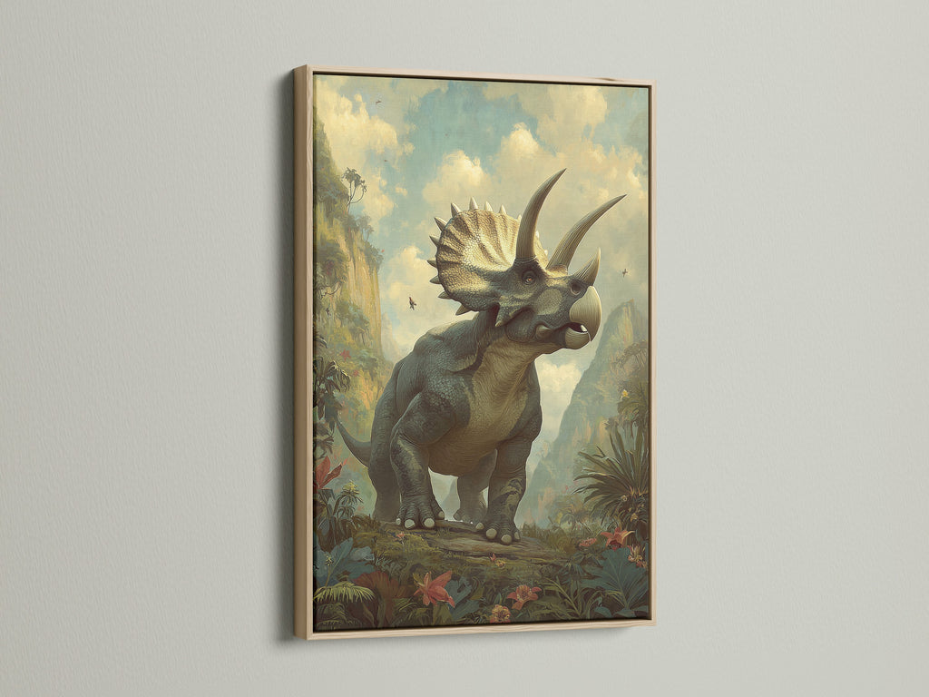 A captivating triceratops artwork graces a wall within an oak frame. The oak frame enhances the artwork's appeal. This framed artwork adds a touch of sophistication to any room. The artwork is beautifully displayed in the oak frame.