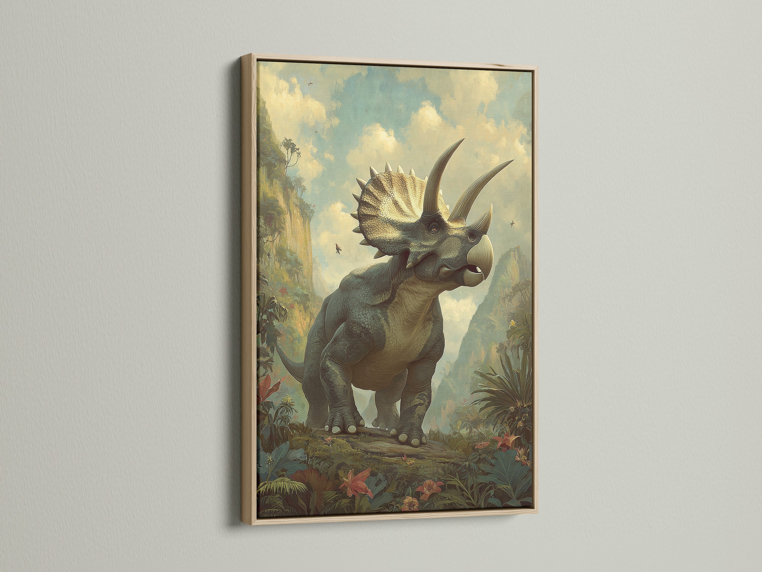 A captivating triceratops artwork graces a wall within an oak frame. The oak frame enhances the artwork's appeal. This framed artwork adds a touch of sophistication to any room. The artwork is beautifully displayed in the oak frame.