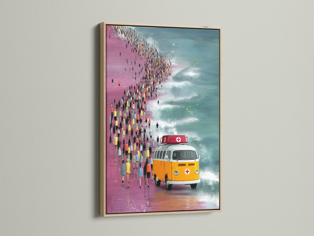 Vintage VW Bus artwork in an oak frame. The artwork features an orange Volkswagen van on a beach with a crowd of people. This retro beach print adds a touch of vintage charm. It is ideal for living rooms bedrooms offices and surf shops.