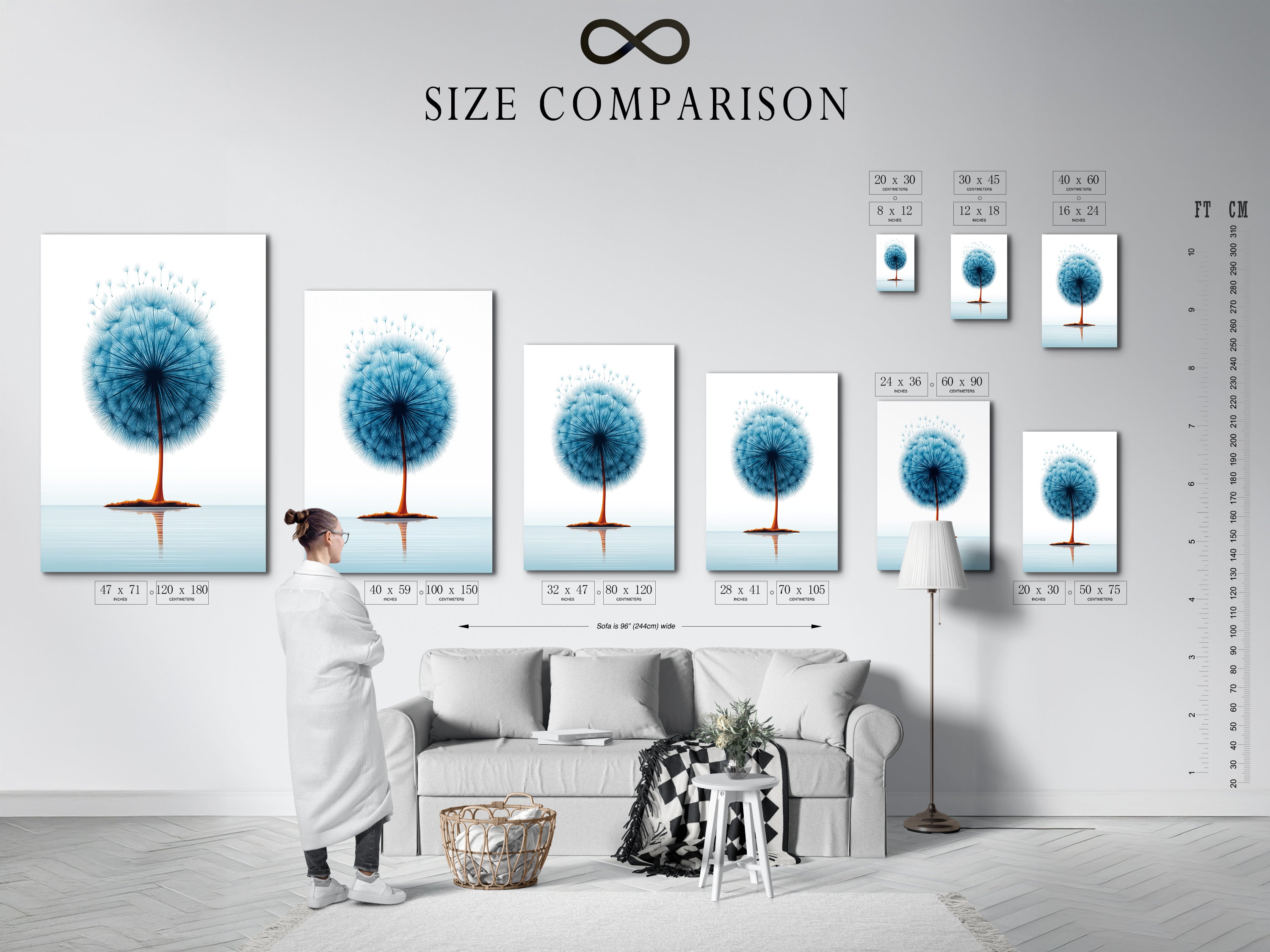 A size comparison chart in a stylish interior setting. See how the dandelion teal blue botanical artwork fits in different spaces. Plan your perfect minimalist floral artwork display. Ideal for bedroom decor or living room.