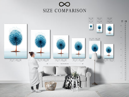A size comparison chart in a stylish interior setting. See how the dandelion teal blue botanical artwork fits in different spaces. Plan your perfect minimalist floral artwork display. Ideal for bedroom decor or living room.