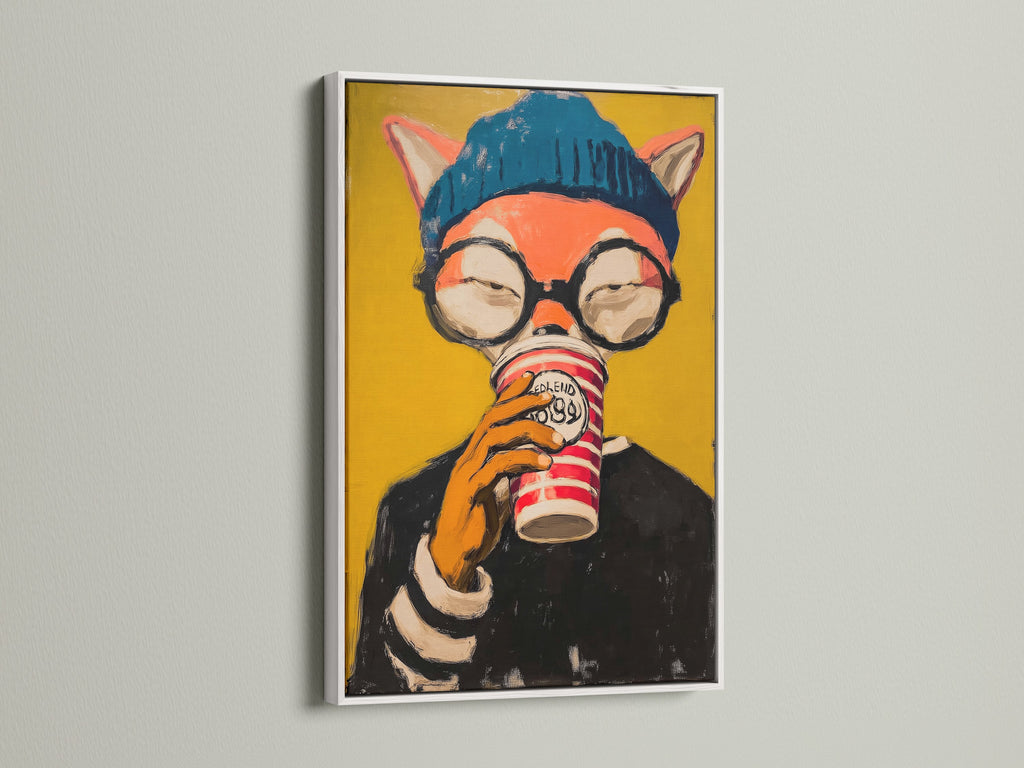 A hipster fox artwork is showcased in a clean white frame. This animal canvas print adds a modern and quirky touch to your walls. Perfect for elevating living rooms bedrooms or coffee shops. The white frame complements the vibrant colors of the art.