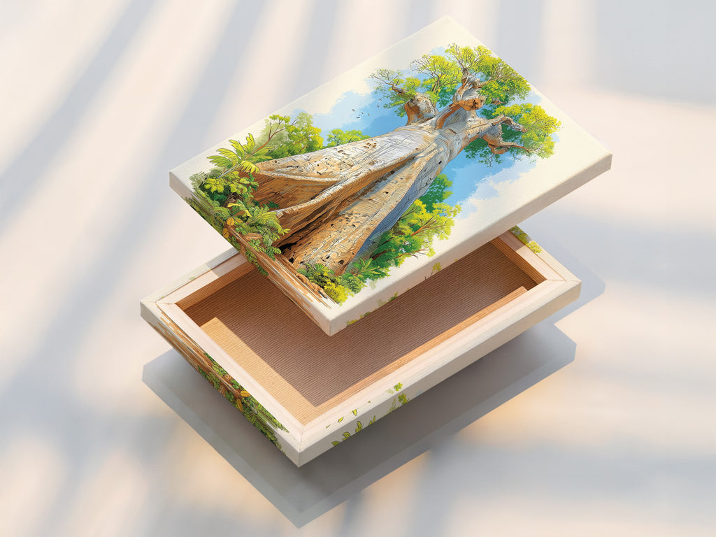 A beautifully stretched canvas print displays a Baobab Tree artwork. The artwork is an African landscape. The stretched canvas offers a gallery ready appearance. Ideal for creating a focal point in any room with this savanna artwork.