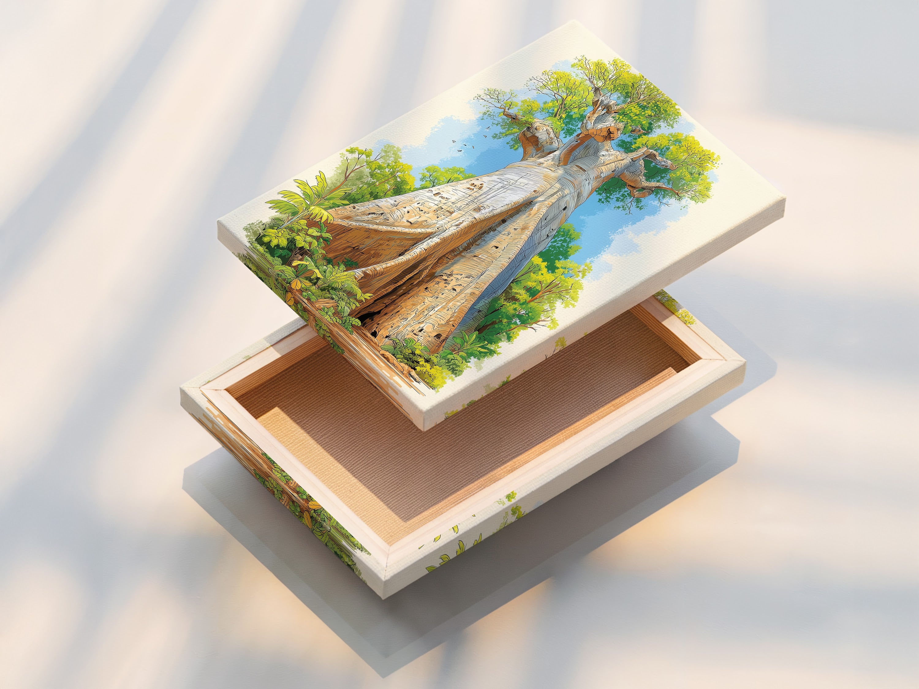 A beautifully stretched canvas print displays a Baobab Tree artwork. The artwork is an African landscape. The stretched canvas offers a gallery ready appearance. Ideal for creating a focal point in any room with this savanna artwork.