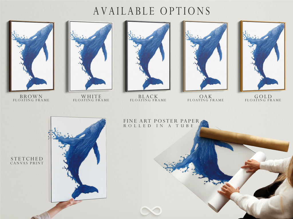 Explore available options for our whale artwork. Choose from stretched canvas prints fine art poster paper or floating frames. Customize your coastal decor to perfection. This indigo blue ocean art suits any room. Perfect for nautical minimalist or Scandinavian styles. Create your ideal space today.
