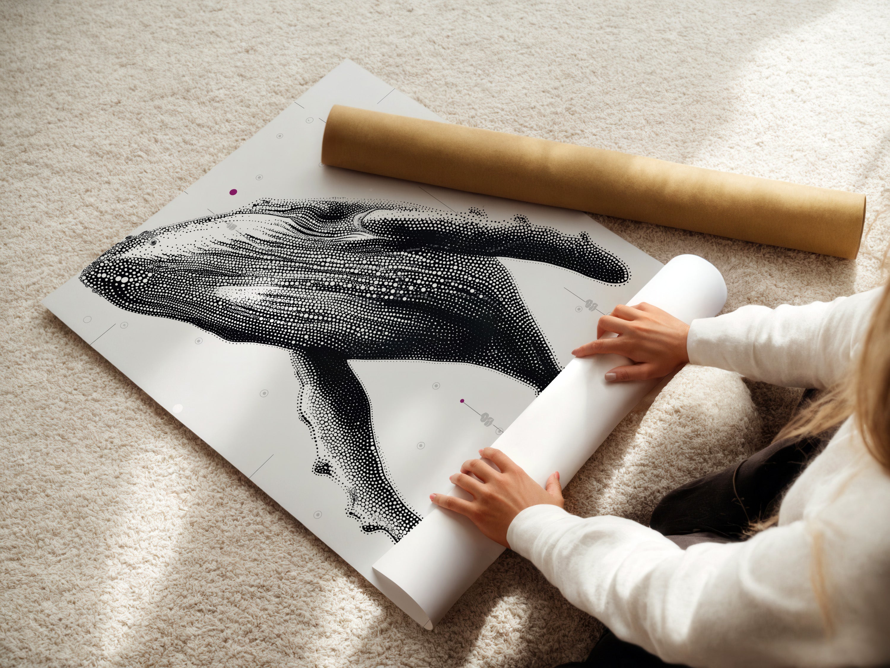 A woman carefully rolls a fine art poster paper featuring a Humpback Whale. Preparing it for framing or display. This ocean animal art is ready to enhance your space. Perfect for coastal and tropical styles. This whale artwork is high quality
