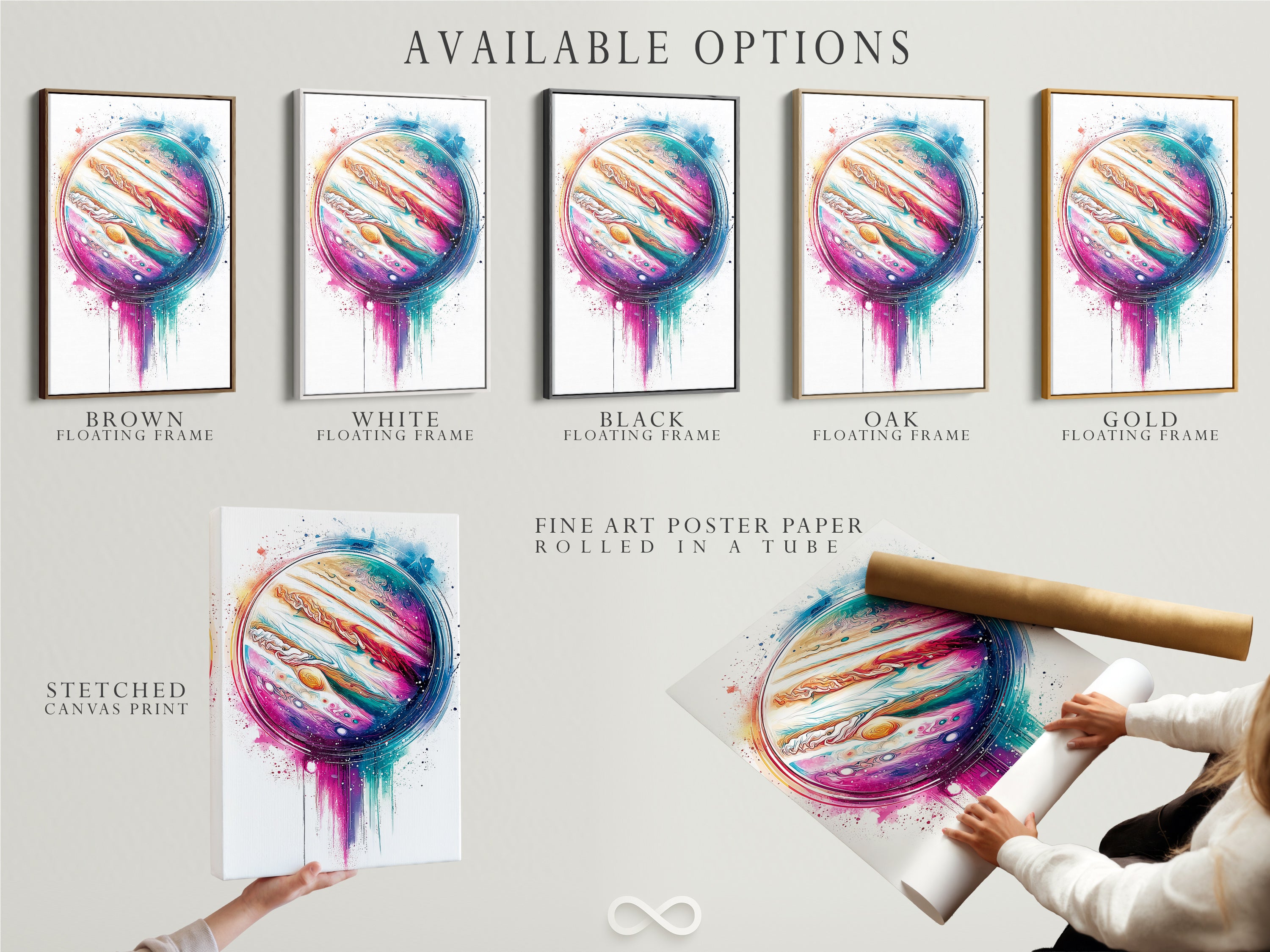 Available options for Jupiter Abstract Canvas Print. Choose from stretched canvas print fine art poster paper or floating frame. A modern celestial artwork. The colorful planet wall art offers perfect cosmic decor.