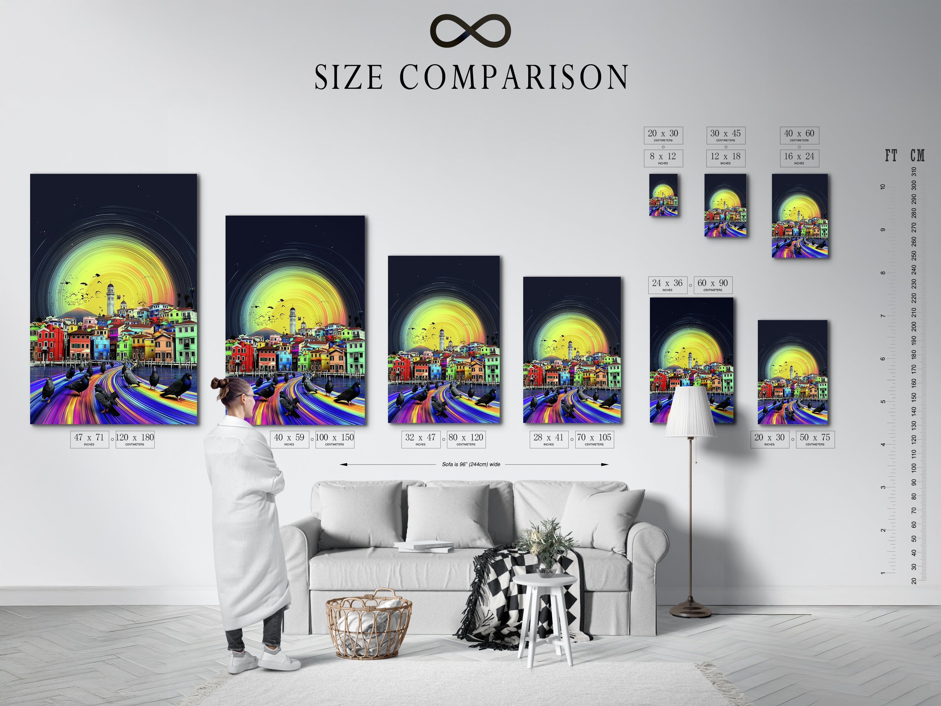 Size comparison chart of Venice Italy artwork in an interior setting. See how this cityscape print fits in different spaces. Perfect for planning your living room wall art or bedroom wall decor. Visualize the art's impact.