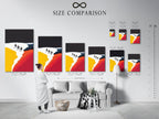 An interior shot features a size comparison chart. This chart demonstrates how the artwork fits in a living space. Visualize the perfect size for your wave art canvas print. This chart helps you choose the right scale for your room. Make informed decor decisions.