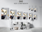 A size comparison chart is displayed in an interior setting. Various sizes of the owl artwork print are shown. This modern wildlife canvas art can be selected to fit any space. Choose the perfect size of this contemporary bird artwork for your living room bedroom or office.