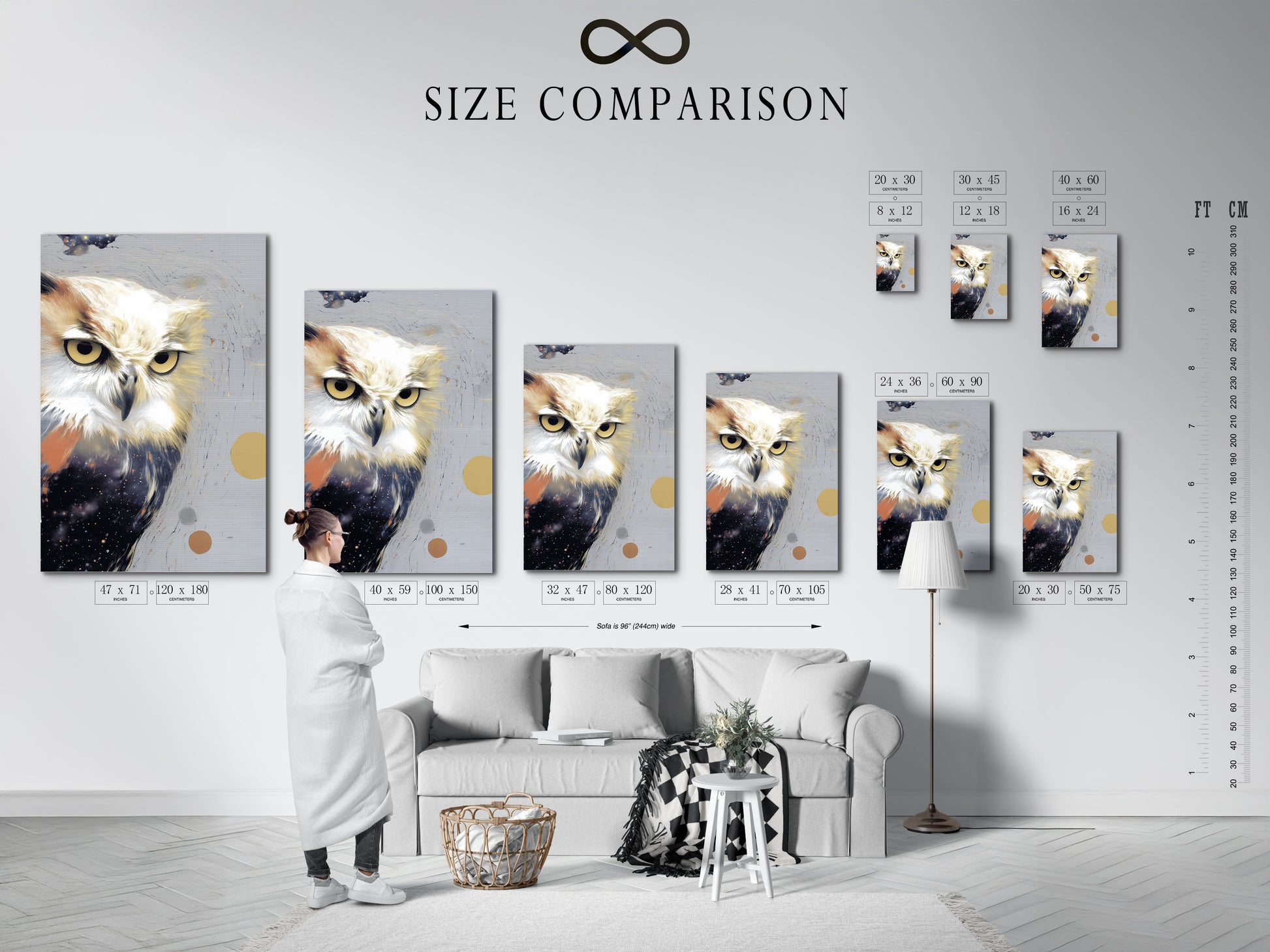 A size comparison chart is displayed in an interior setting. Various sizes of the owl artwork print are shown. This modern wildlife canvas art can be selected to fit any space. Choose the perfect size of this contemporary bird artwork for your living room bedroom or office.