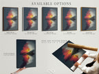 Explore the available options for this surreal landscape artwork. Choose from a stretched canvas print fine art poster paper or a floating frame. Each option enhances the sunset reflection. Find the perfect medium to showcase this unique piece