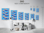 See a size comparison chart in an interior setting. This visual guide helps you choose the perfect artwork size. Compare artwork dimensions to your wall space. This chart ensures your artwork fits seamlessly into your decor. Perfect for planning your wall art arrangement.