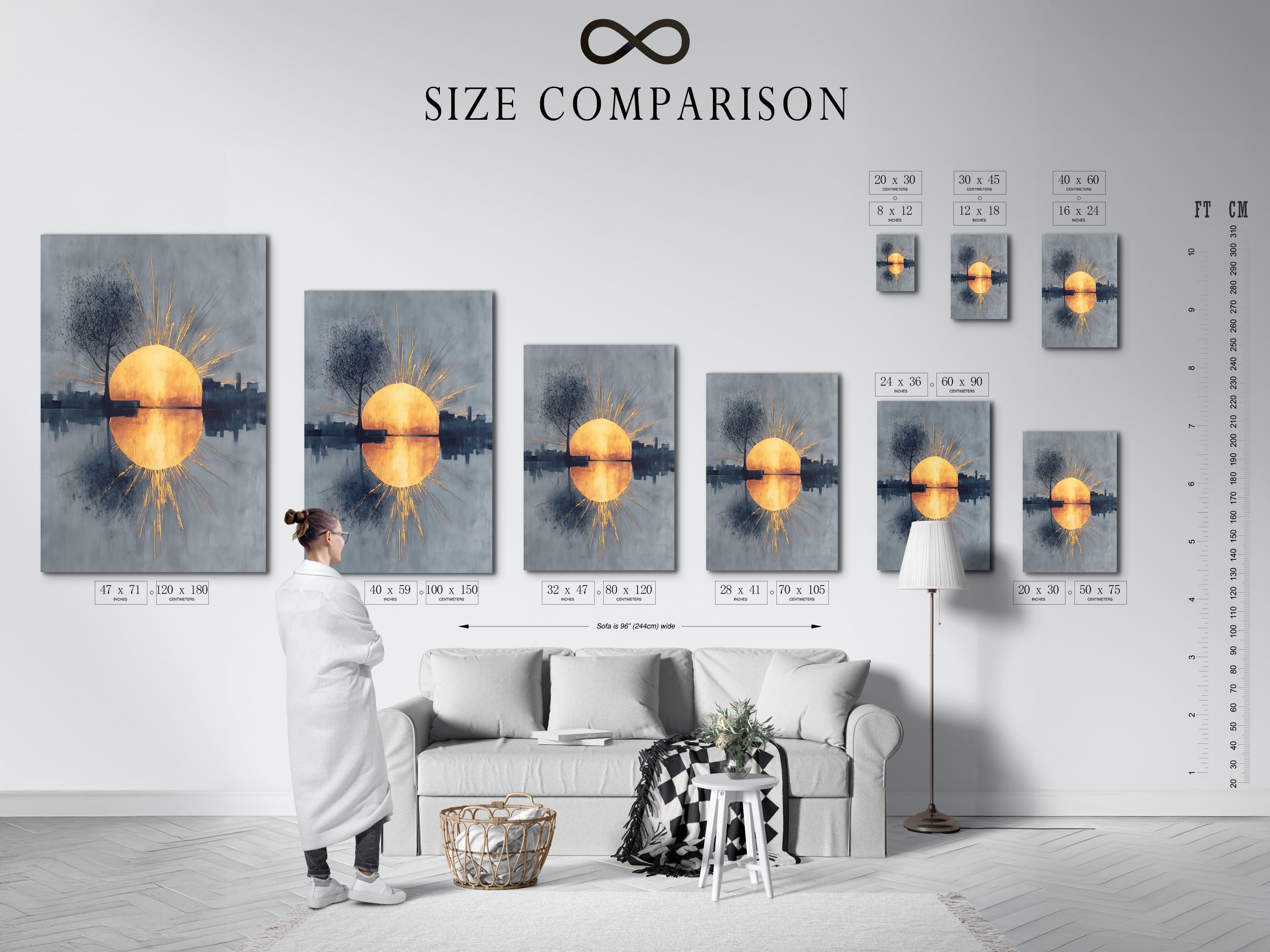 The size comparison chart is displayed in an interior setting. It helps you visualize the artwork in your space. See how the sunrise reflection art fits perfectly. Choose the ideal size for your modern wall art decor needs.