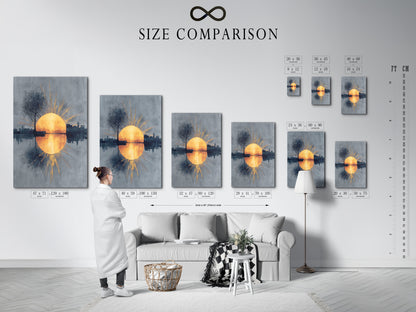 The size comparison chart is displayed in an interior setting. It helps you visualize the artwork in your space. See how the sunrise reflection art fits perfectly. Choose the ideal size for your modern wall art decor needs.