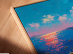 This is a close-up of a canvas print in a floating frame. The floating frame gives the art a modern look. The artwork seems to float within the frame. Enhance your art with this unique framing style. It will add depth and dimension to the piece.
