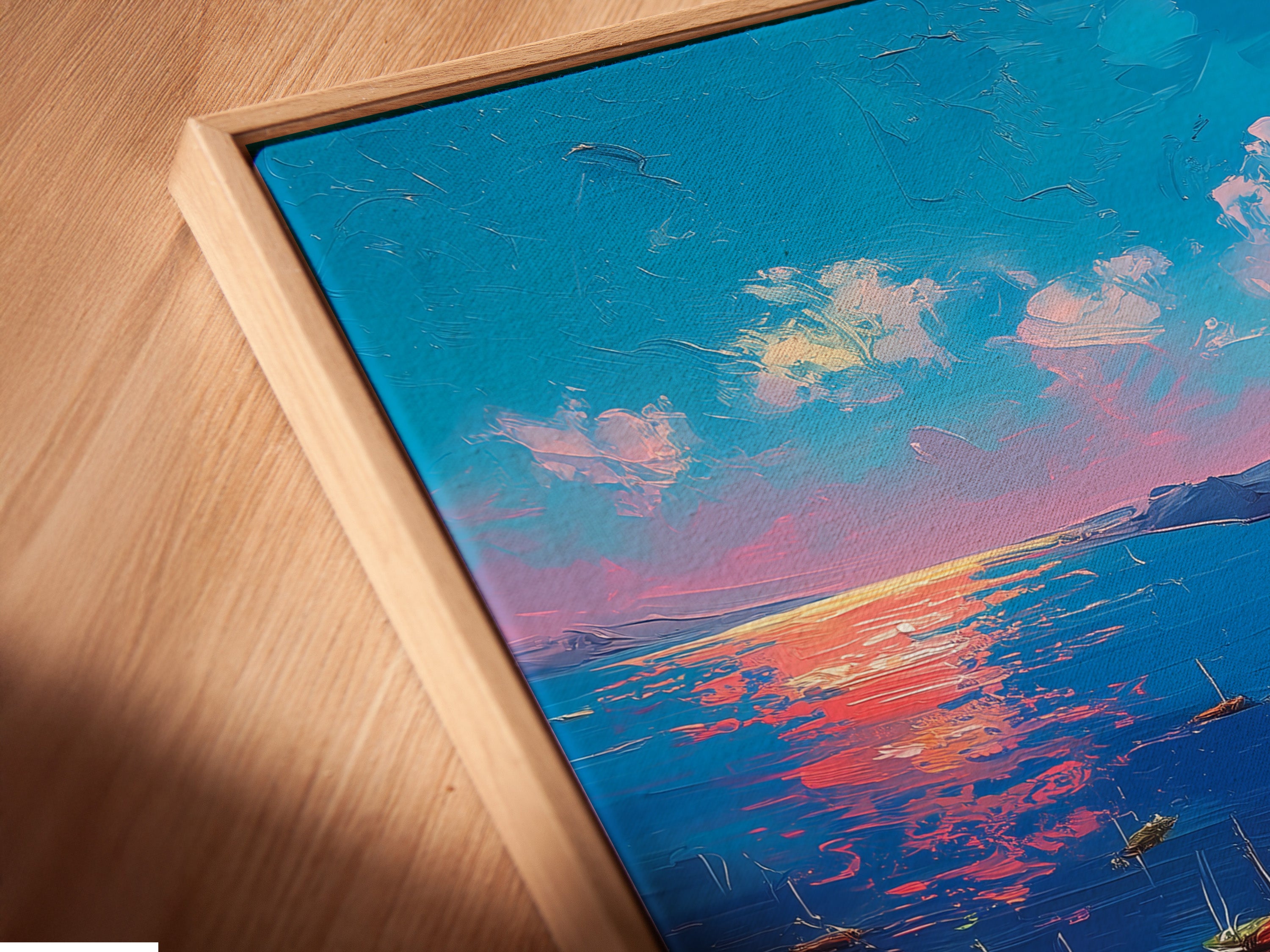 This is a close-up of a canvas print in a floating frame. The floating frame gives the art a modern look. The artwork seems to float within the frame. Enhance your art with this unique framing style. It will add depth and dimension to the piece.