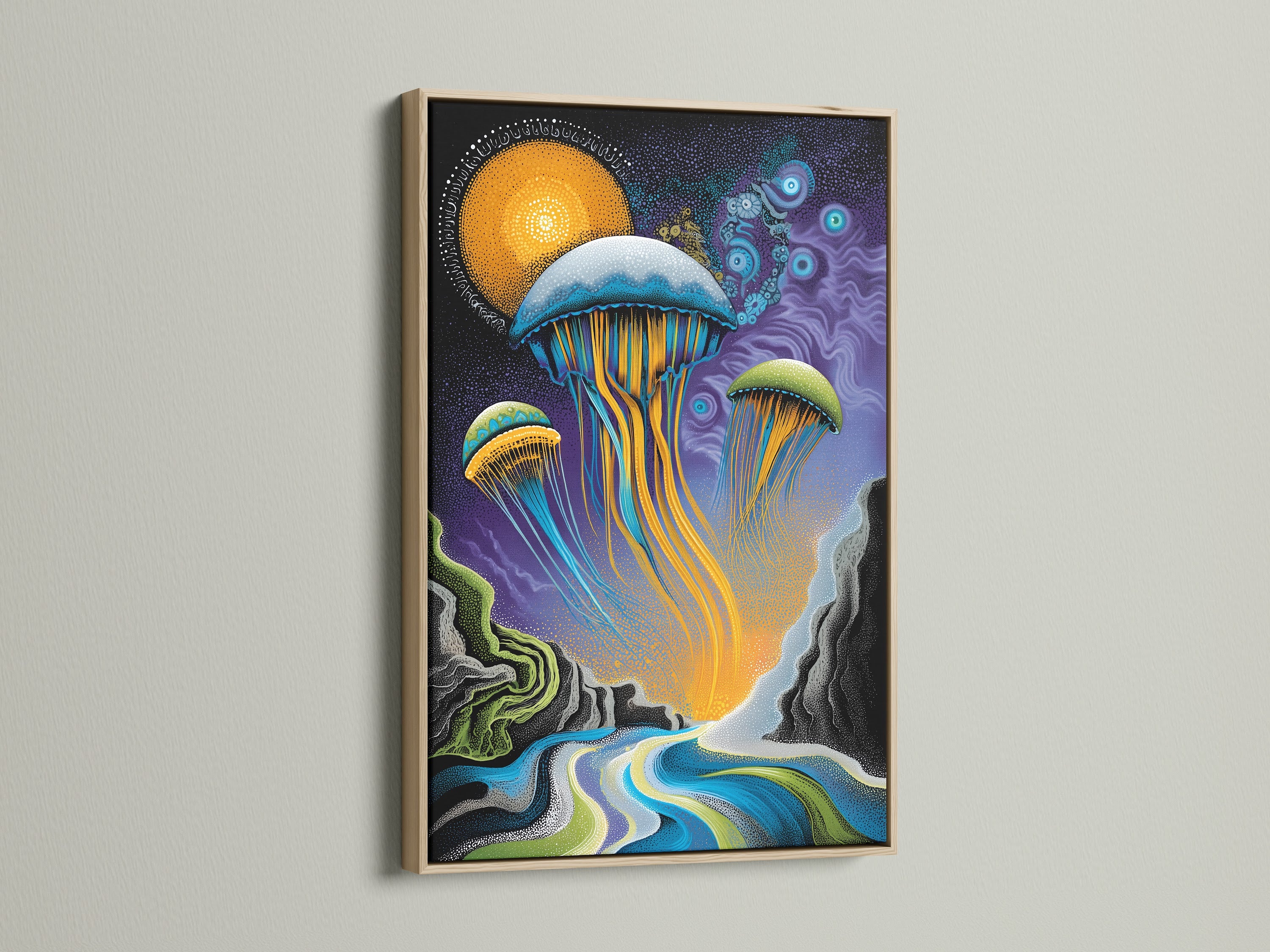A captivating jellyfish artwork is showcased in an oak frame. This ocean canvas brings a touch of the sea to your walls. The surreal wall art adds a modern aesthetic to any room. Blue and gold hues create a tranquil atmosphere. Perfect for adding coastal decor to your home or office space. Marine artwork at its finest.