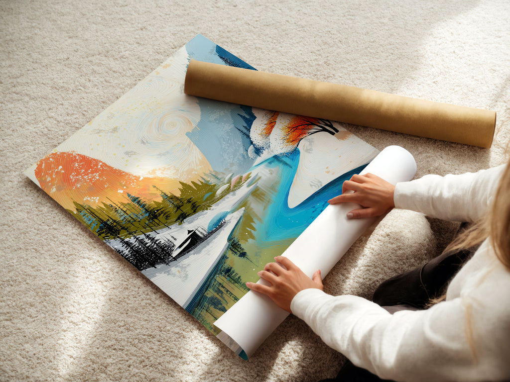 A woman is carefully rolling a fine art poster paper print. This ensures the winter mountain river artwork arrives in perfect condition. The teal and orange nature scene is ready to adorn your walls. Experience the quality and care we put into every piece. Transform your space with our exquisite art.