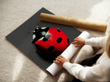 A woman is carefully rolling a fine art poster paper. She is preparing a ladybug art print for shipping. The entomology poster features a red beetle with intricate details. This insect artwork is perfect for kids rooms or classrooms.