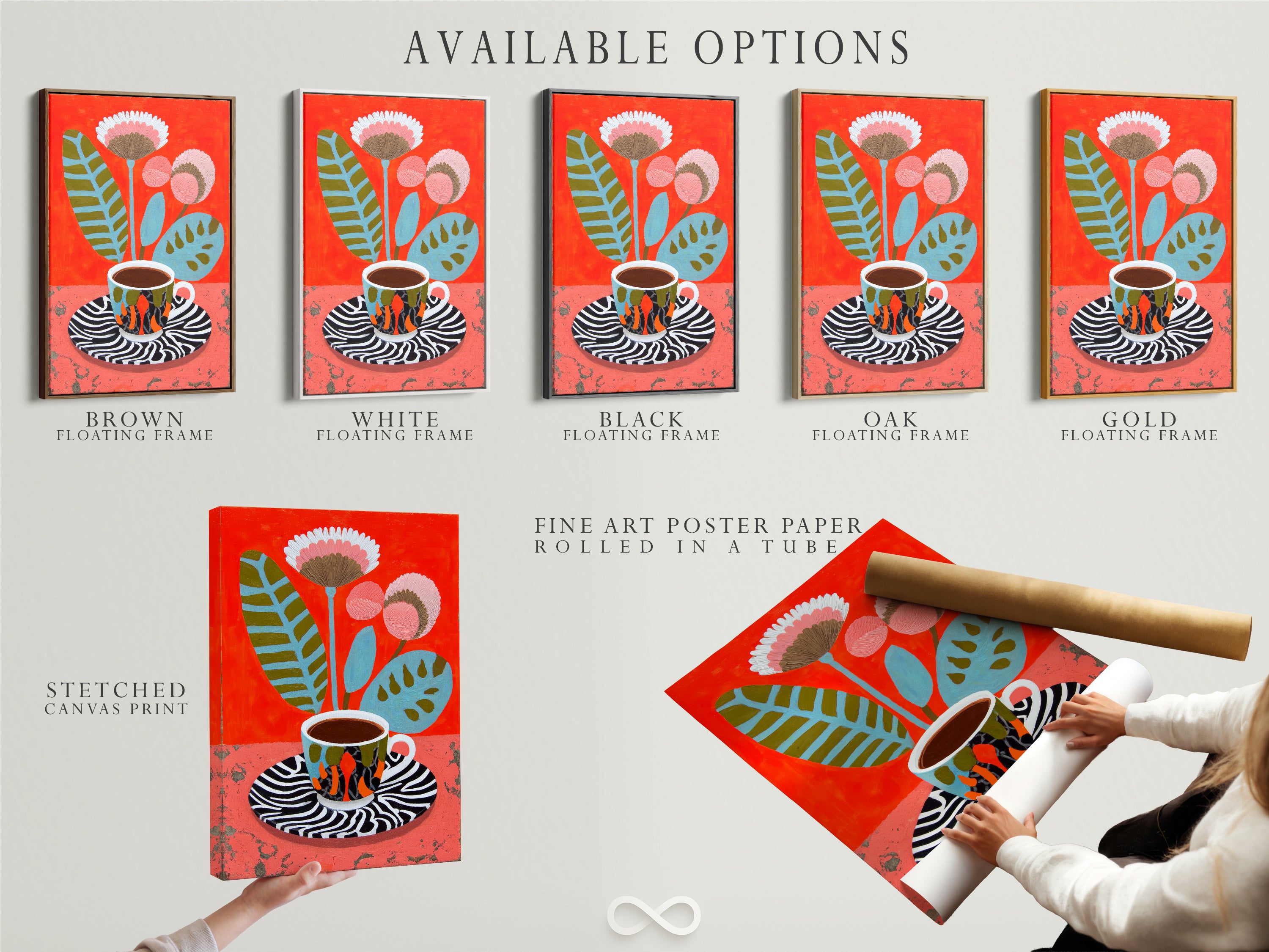 Available options for a Coffee Cup Canvas Print. Choose between a stretched canvas print fine art poster paper or a floating frame. The floral botanical wall art is versatile. It elevates modern wall decor.