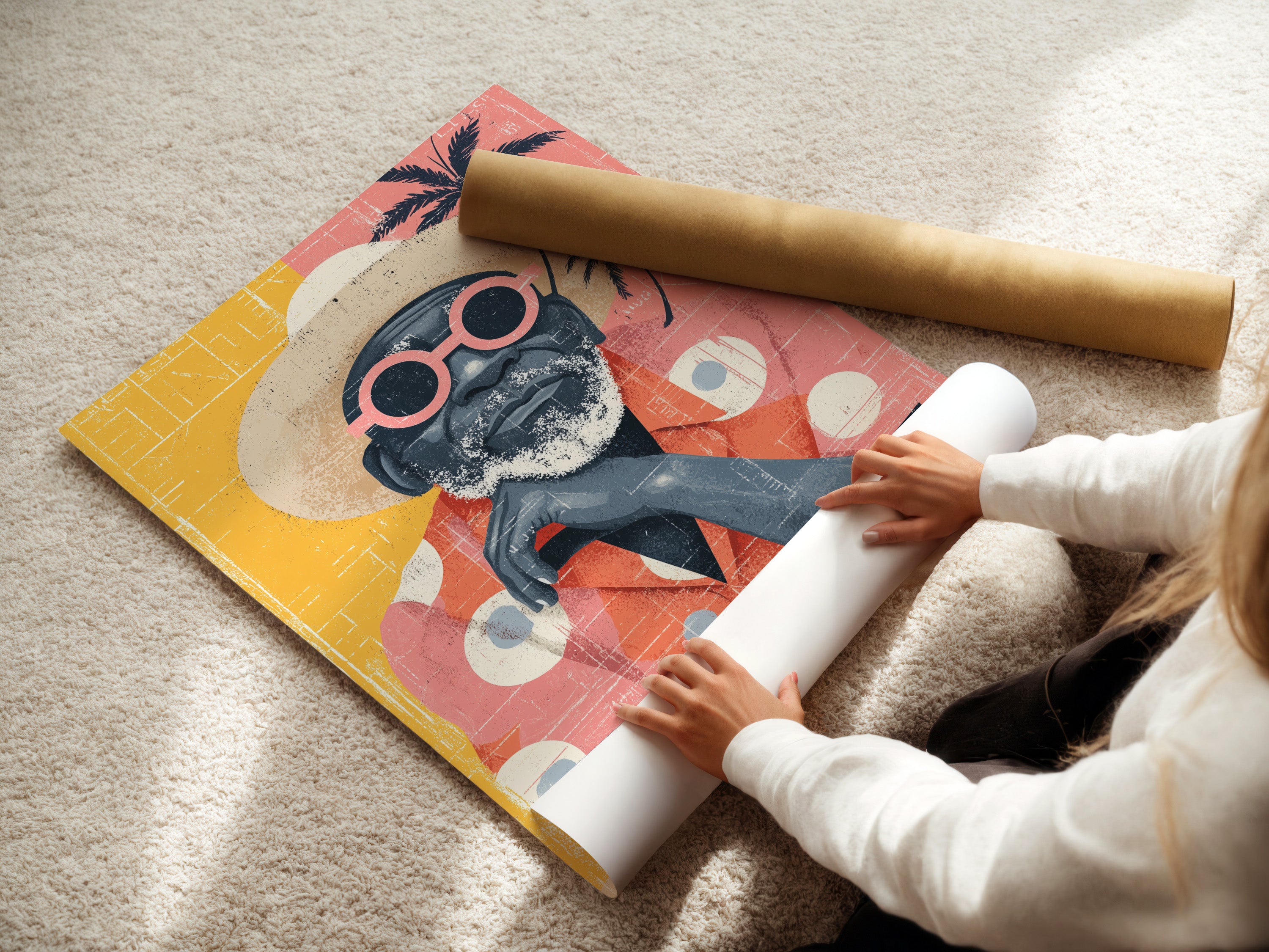 Woman rolling a fine art poster paper print. This shows the care and quality put into each tropical art piece. The retro beach man artwork is available on fine art paper. Perfect for those who appreciate high-quality prints. Add a touch of vintage summer to your walls.