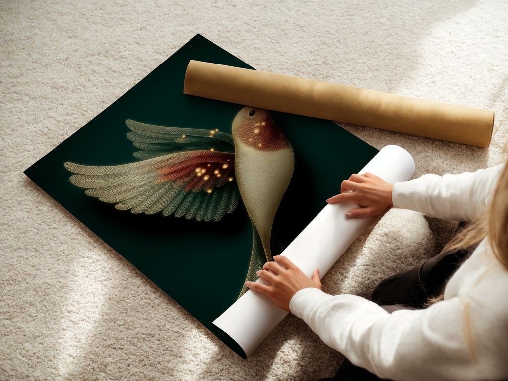 A woman carefully rolling a fine art poster paper featuring elegant bird artwork. This neutral tone decor is a piece of fantasy wall art. It is perfect for adding a whimsical touch to any home or office.