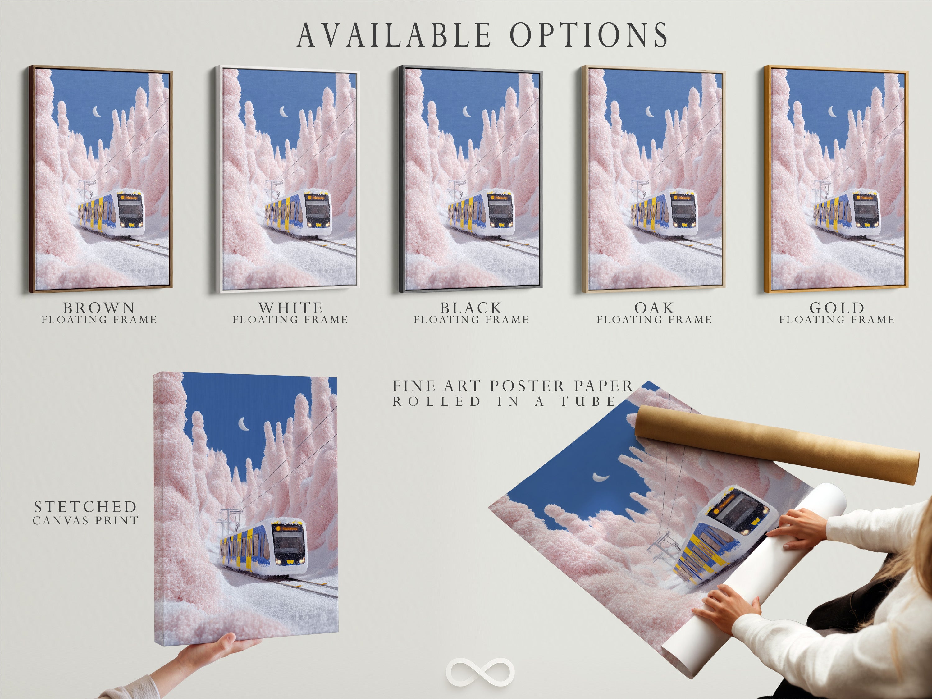 Available options include a stretched canvas print fine art poster paper and a floating frame. Customers can select their preferred format. They can customize their winter landscape to suit their style. Enhance your space with personalized train artwork.