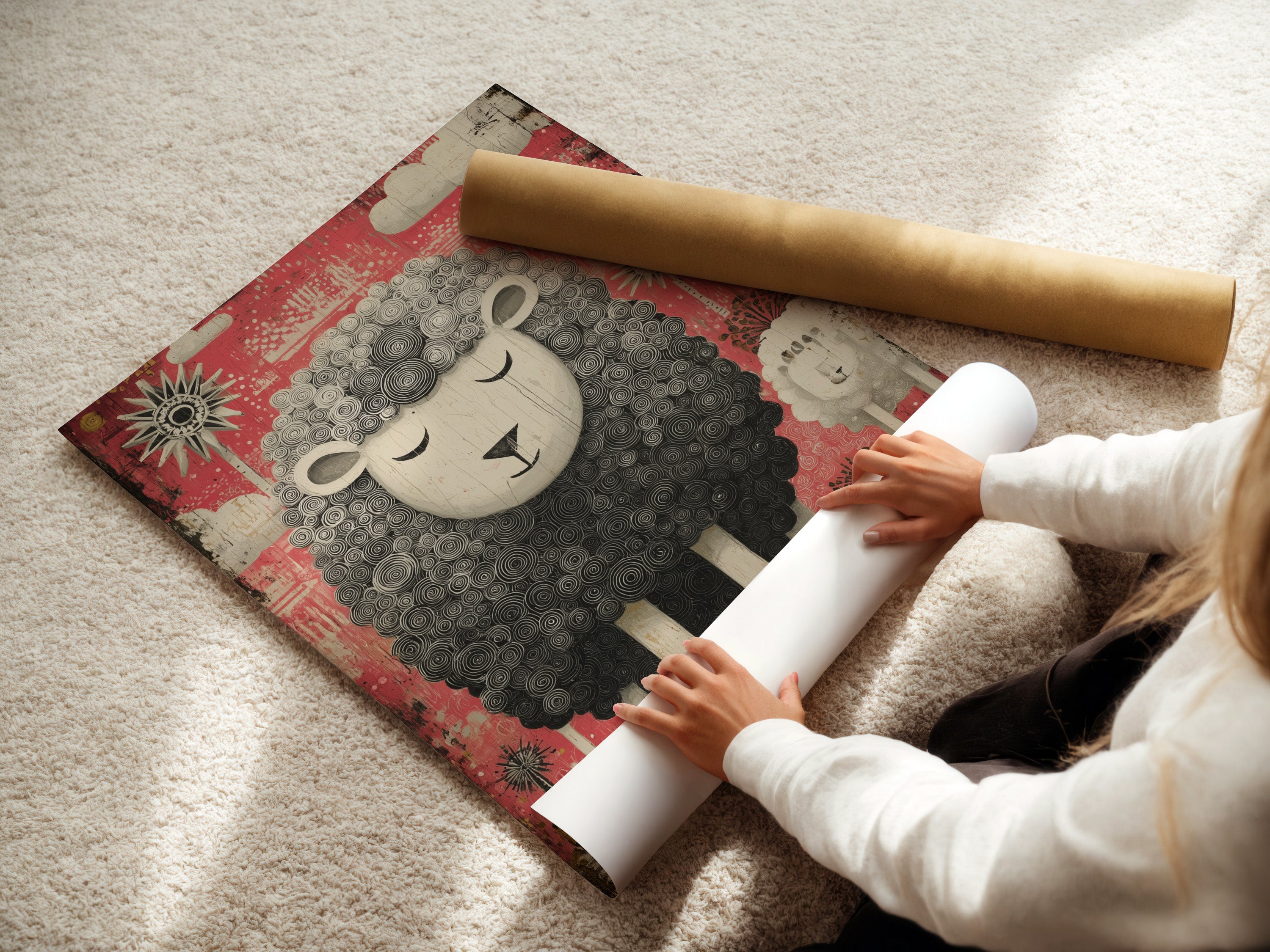 A woman carefully rolling a fine art poster paper. The poster features a black and white sheep. The sheep is set against a pink backdrop. Clouds and suns decorate the background. This shows attention to detail in handling artwork.
