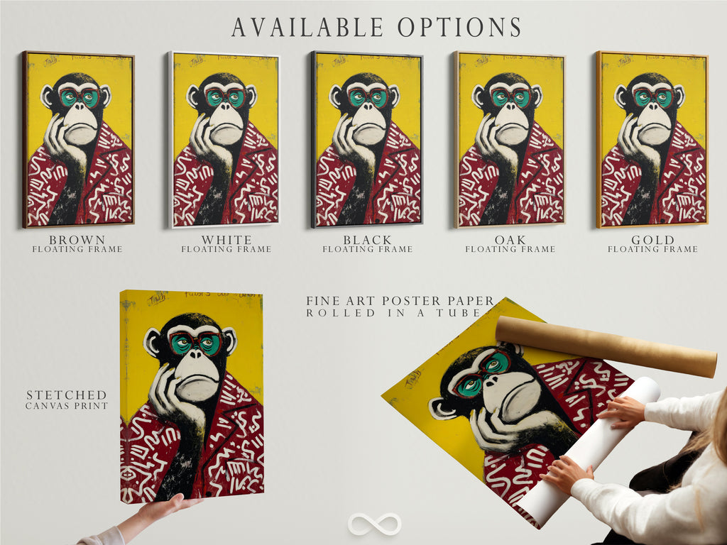 Available options for the monkey artwork including a stretched canvas print a fine art poster paper and a floating frame. Choose your preferred format for this pop art print. The primate canvas art is versatile for any space. Select the perfect animal wall decor to match your style. Ideal for office wall art or funky home decor.